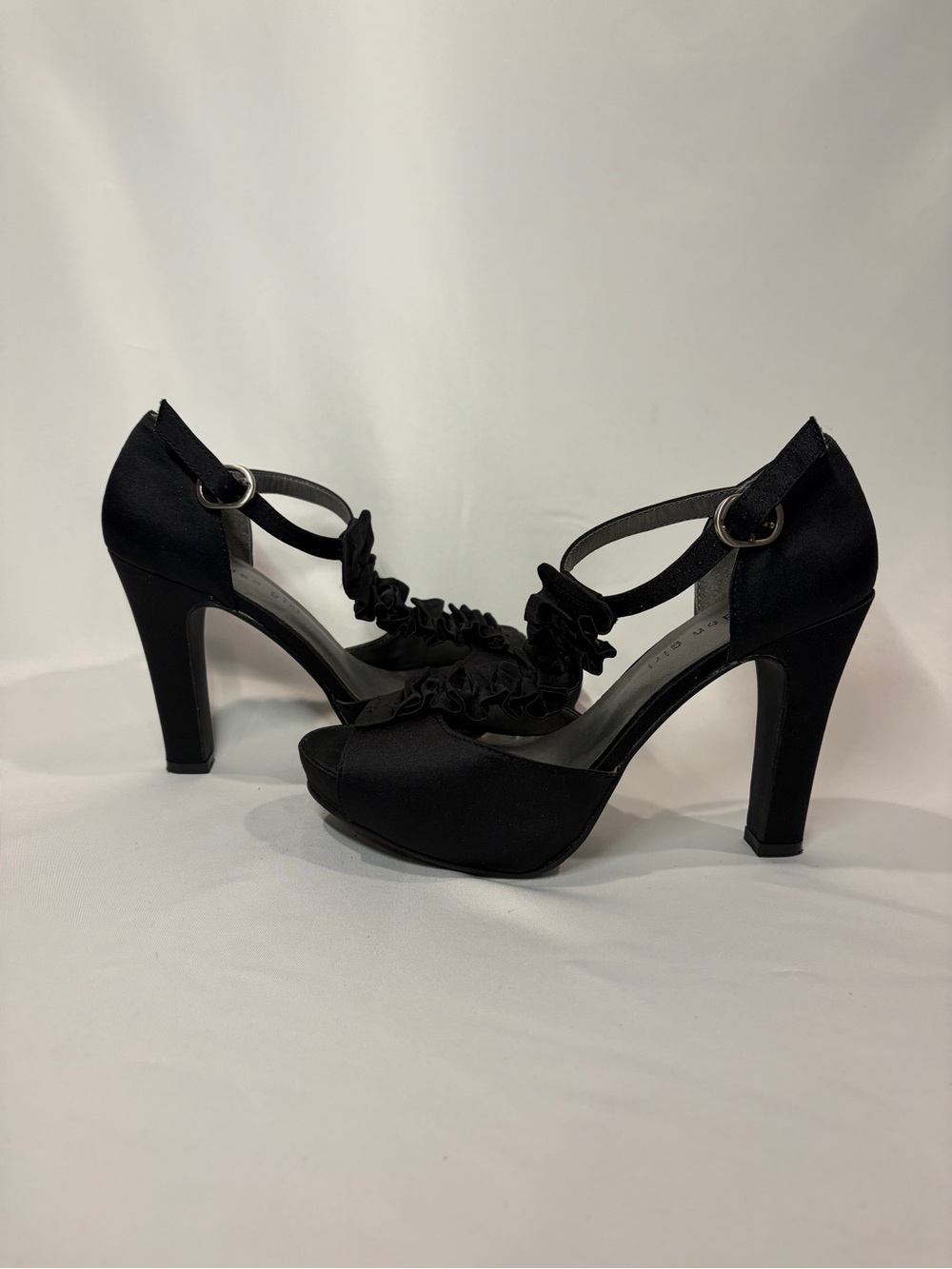 Madden Girl Black Satin Heels w/ Ruffle Design